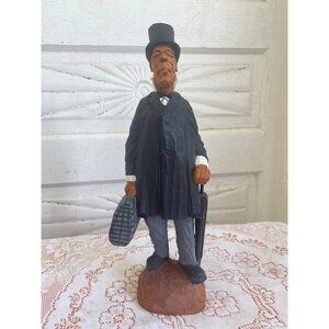 Vintage Folk Art Carved Wood Distinguished Man With Top Hat Umbrella Suitcase
